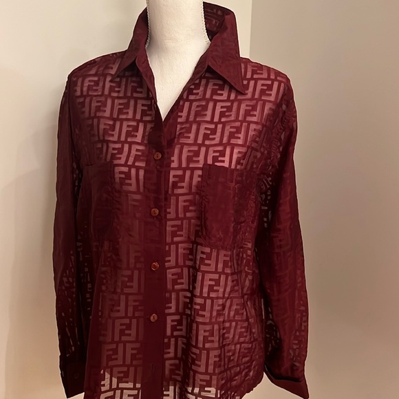 FENDI Logo Long Sleeve Dark Red Wine Blouse Size 44 Button Down Shirt - Picture 1 of 12